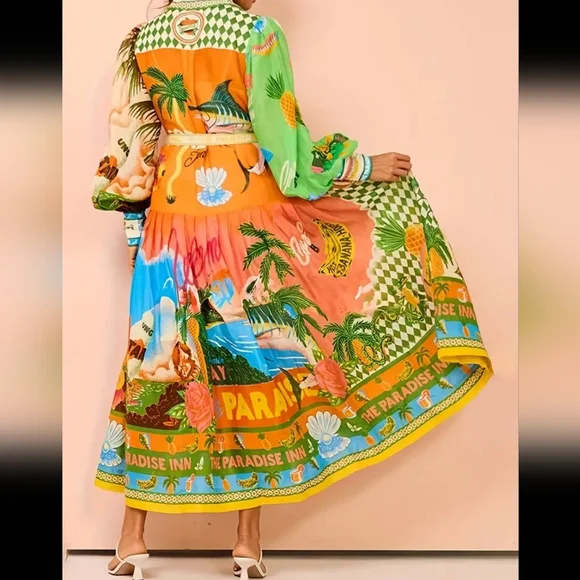 Green and Yellow Long Sleeve Resort Sundress - Picture 4 of 6